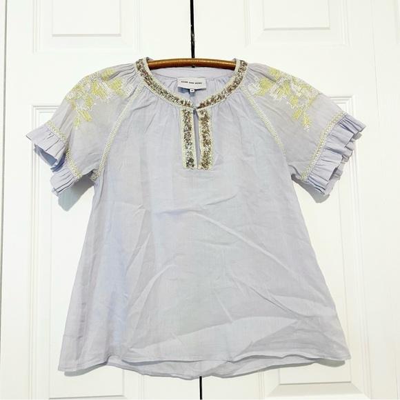 Rose and Rose Cross Stitch Embroidery Blue Top Size Small Short Sleeve Sequins - Picture 2 of 10